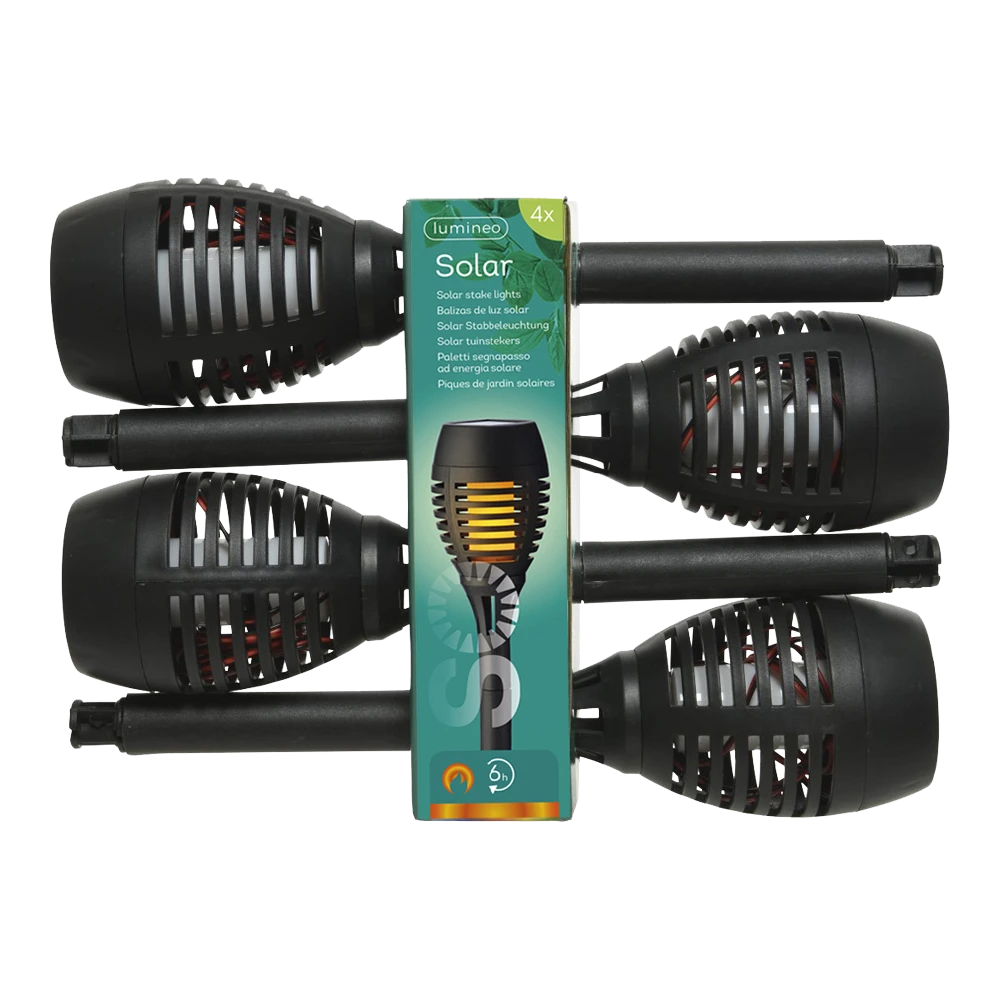 LED solar tuinfakkel - Vlameffect - d7.5 x h27cm - Zwart - 4st. Lumineo LED Solar Tuinfakkel - Vlameffect - D7.5 X H27cm - Zwart - 4st. -Buitentuinwinkel