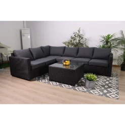 Ottoman Loungeset Met Salontafel - Wicker Set - Zwart